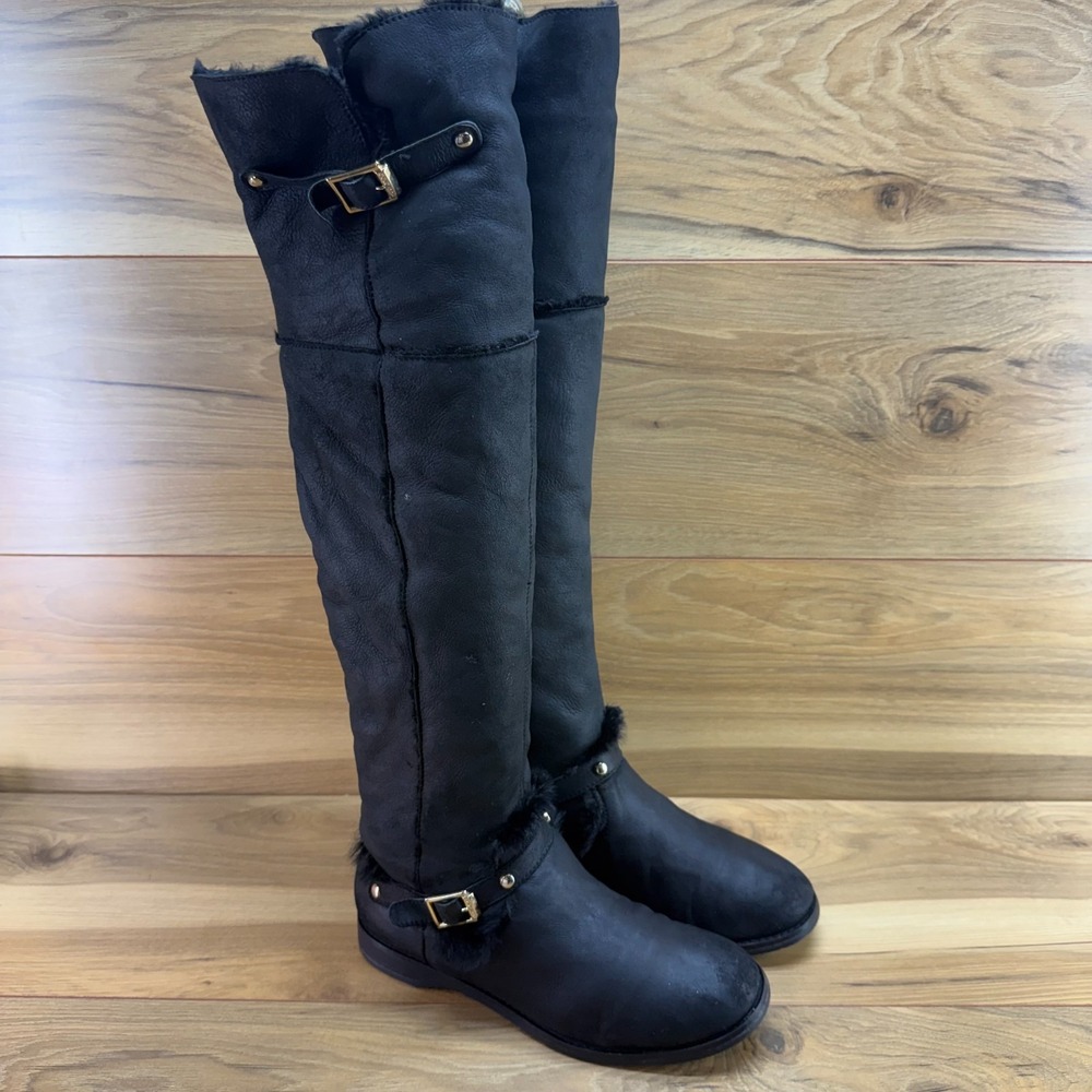 Jimmy Choo Knee High Tall Suede Boots 8 8.5 EU 38.5 Faux Fur Lined FLAWED